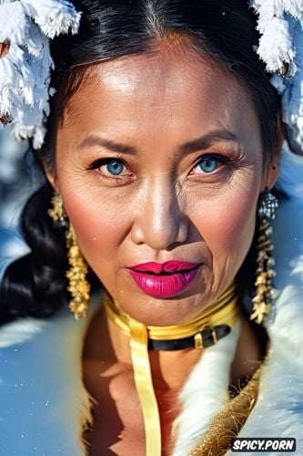 she wears a single side braid, face portrait 90 year old mongolian woman with round facial features and high cheekbones