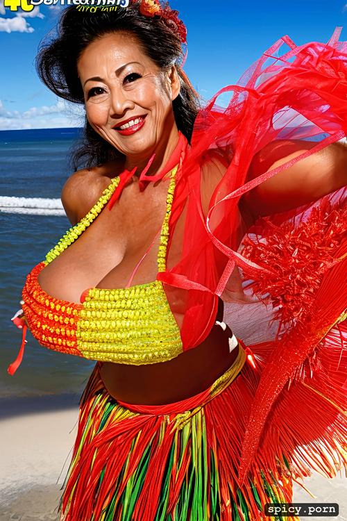 performing on stage, intricate beautiful hula dancing costume