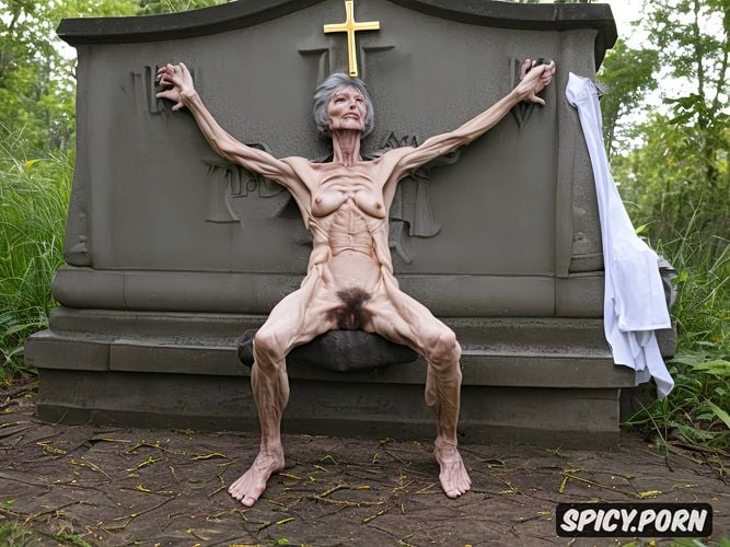 scraggy, sitting on gravestone, skeletal, cemetery, blue varicose veins on legs