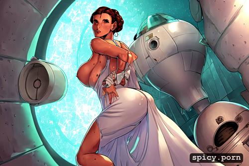 leia organa, massive sweaty bare tits, white dress from star wars episode 4