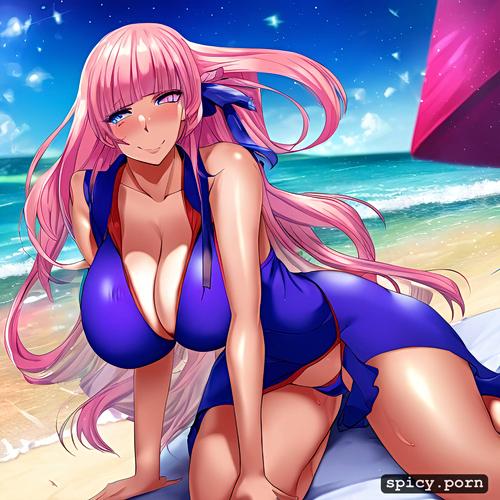 gigantic breasts, masochistic, blunt bangs, on a beach at night with color lights in the background