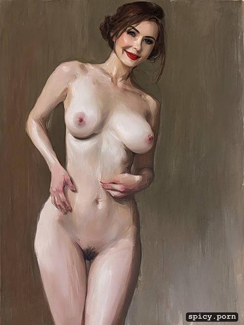 completely nude, pale skin, full body, smile, skinny, rear, perky breasts