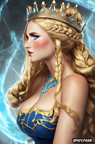 high resolution, queen anora dragon age origins beautiful face pale skin blue eyes golden blonde hair in an elegant double bun young upper body shot