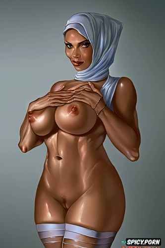 facing the camera straight on, in color, totally naked in nothing else but bright stockings and hijab