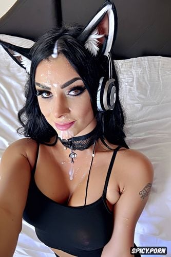 choker, cum dripping down hair and face, headphones and cat ears