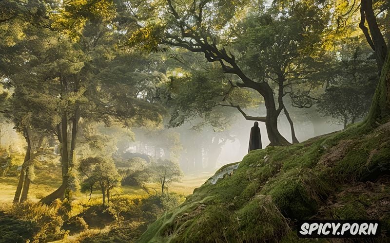 in the shire, lord of the rings cinematic shot female hobbit posing naked on a tree branch