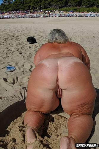 chubby body, nudist beach, detailed anus, obese woman laying on belly