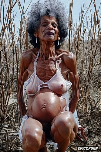 89 yo, no body fat, skeletal body, big nose, fit body, deflated wrinkled breasts