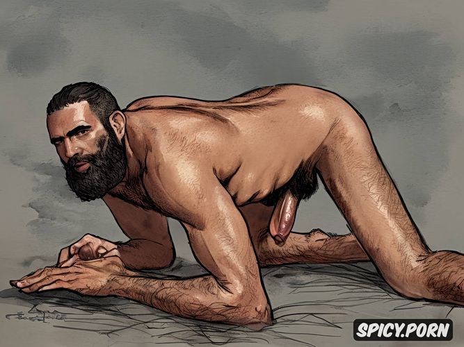 professional sketch of one alone bearded naked hairy man big shiny testicles big dangling penis thick natural eyebrows arabian arab male on all fours sweating perfect face highest quality hands feet masterful composition soft lighting