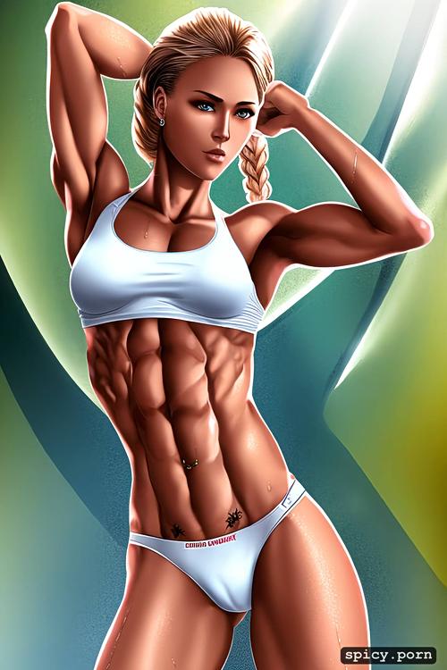toned body, white sports bra, translucent clothes, natural hair