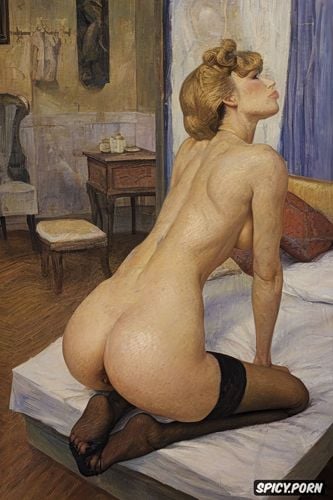 félix vallotton, pale, looking at viewer, naked, black lace stockings