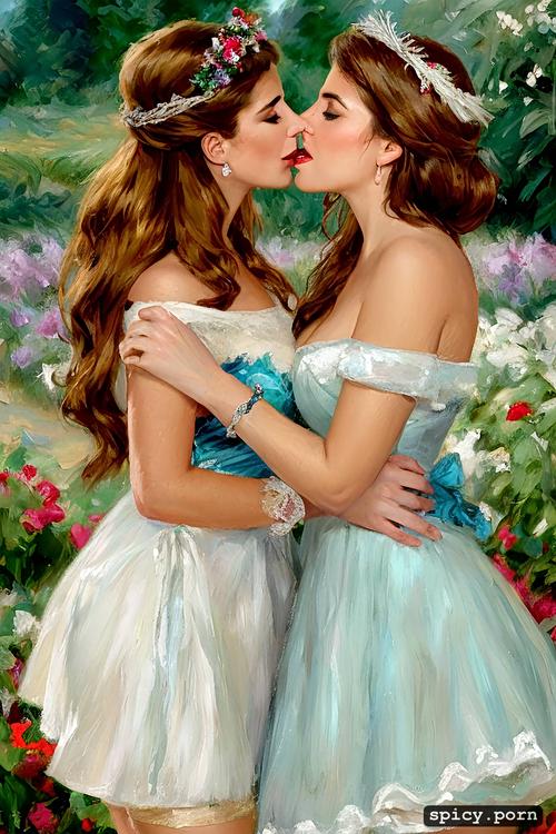 two ladies, soul kiss with tongue, highres, 8k, mrs brooksbank and beatrice mapelli mozzi kissing each other