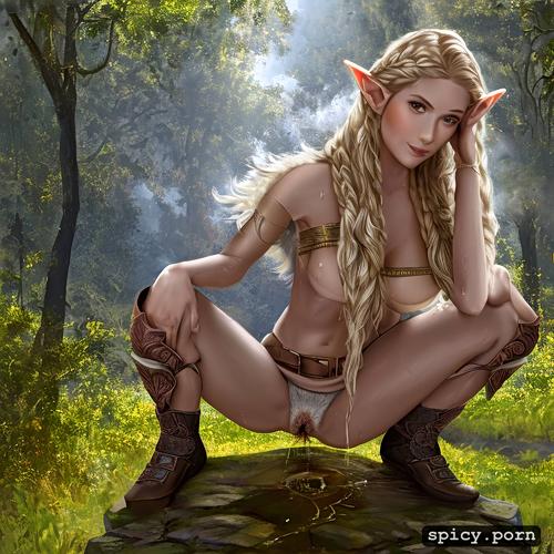 covered breasts, jaheira from baldur s gate in a forest squatting and peeing with her hairy pussy for all to see
