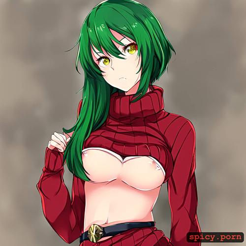 yellow eyes brown, red sweater covering the hips short light green hair