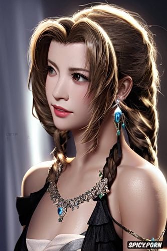 aerith gainsborough final fantasy vii remake beautiful face low cut strapless black evening gown