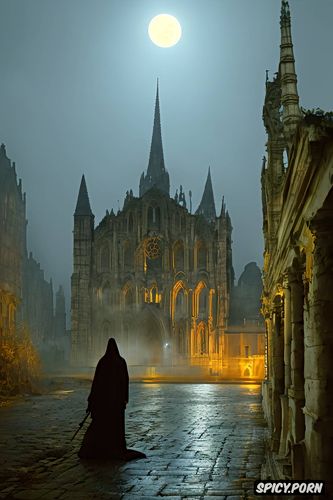 scary glowing grim reaper, some meters away, haunted abbey ruin at night