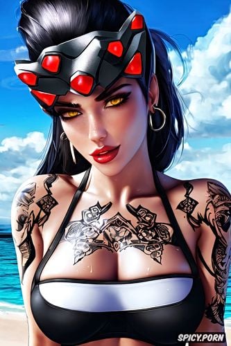 widowmaker overwatch beautiful face young full body shot, tattoos small perky tits tight white sports bra and black leggings masterpiece