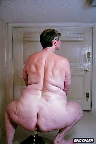 rear view, squatting, white granny, pastel colors, naked, hyperrealistic pregnant pissing muscular thighs red bobcut haircut tanned