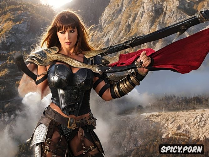 highres, weapons, lucy lawless as xena warrior princess, tall