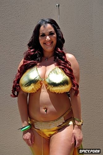 color photo, front view, gorgeous bellydancer, huge hanging hooters