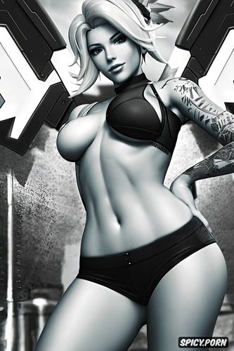 tattoos, topless, high resolution, k shot on canon dslr, mercy overwatch beautiful face full body shot