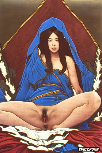 masterpiece painting, brown hair, red transparent veil, japanese woodblock print