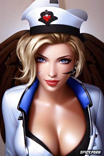 masterpiece, mercy overwatch female nurse black nurse scrubs white undershirt scrub top opened beautiful face full lips milf