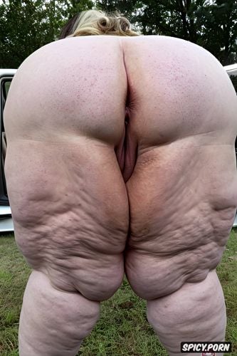 obese, looking backwards at camera, huge saggy tits, large belly