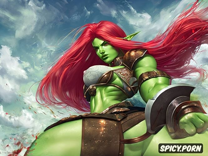 armor, orc female, curvy huge body, red hair, wide huge hips