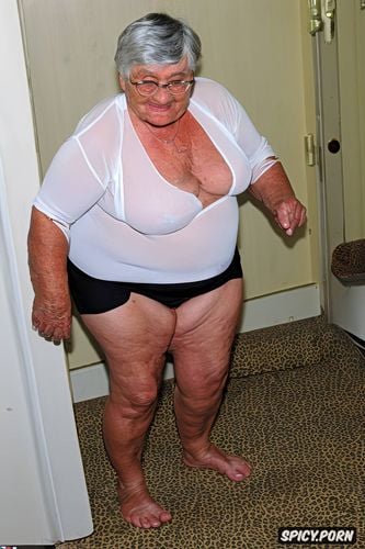 flip flop tap in foot, an old fat romanian granny, fupa, wearing tight long white shorts that cover thighs