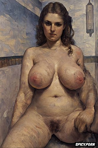 inferno, urinating, textured impasto oil paint, women in humid bathroom with fingertip nipple touching breasts tiled bathing