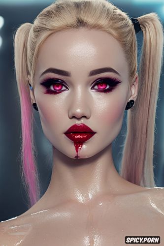 red liquid in eyes, perky boobs, pigtail hair style, pink and blue highlight tips