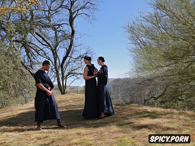 ceremoniously assisted around by her little bridesmaids and some young monks