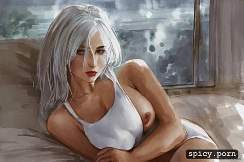 white hair, pov, vibrant, 18 years old, russian, medium boobs