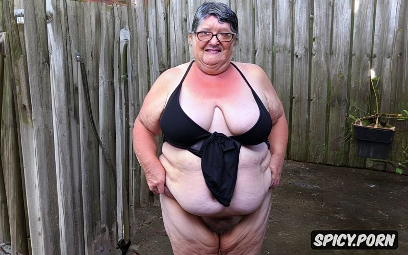 frontal view, standing, topless, wet hairy pussy, very old ssbbw