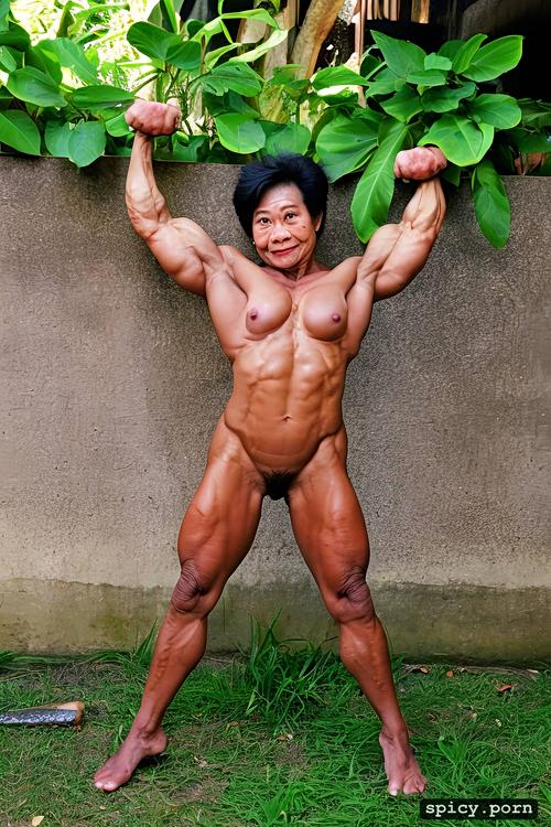 skinny body, muscular arms, face, nude, 8k, flexing biceps, thai granny bodybuilder midget