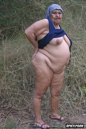 flat chest, ssbbw belly, tanned skin, old wrinkles saggy flabby belle layers