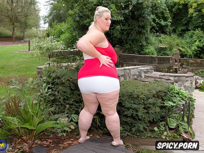 cute face, happy white woman, fat belly, obese, ponytail, very wide hips
