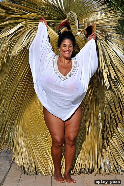 performing, beautiful smiling face, giant hanging boobs, 72 yo beautiful tahitian dancer