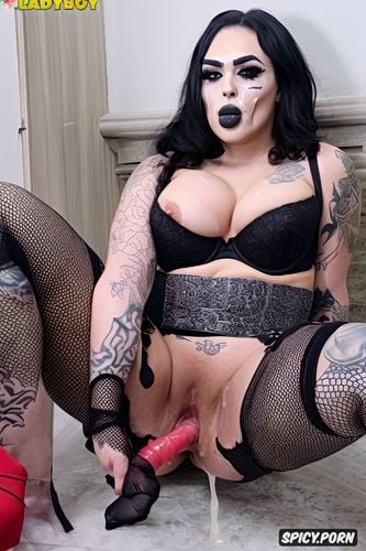 masturbating, erection, heavy goth make up, fishnet stockings