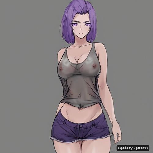 91tdnepcwrer, purple eyes, see through clothes, tanktop with underboob and short shorts