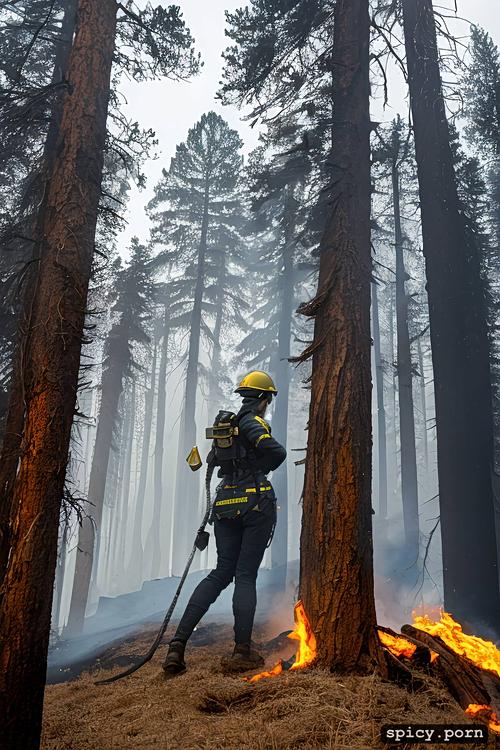 side view left, beautiful european firefighter woman, wildfire in background