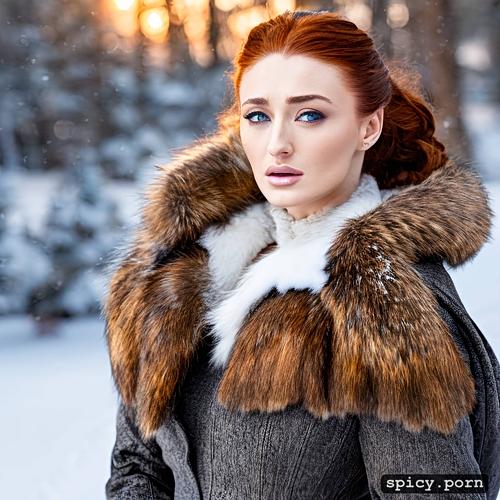 realistic, snowy landscape, stylephoto, wearing open pelt coat