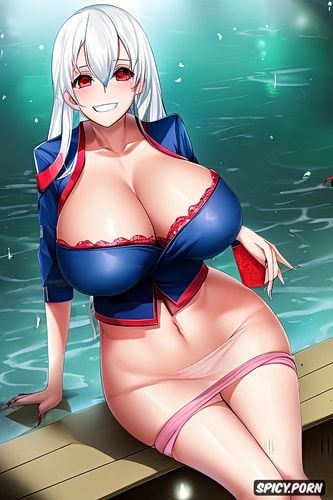 red eyes, drenched, love, white hair, yandere woman, japanese