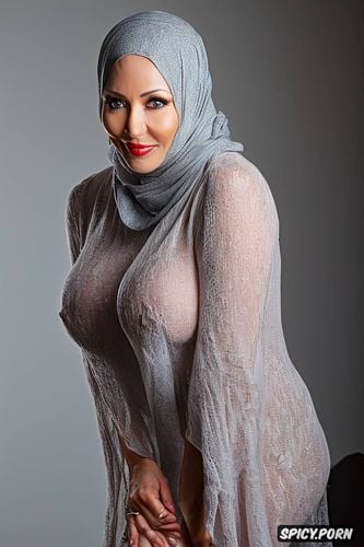 huge tits, framed from forehead to thighs, totally naked on only hijab