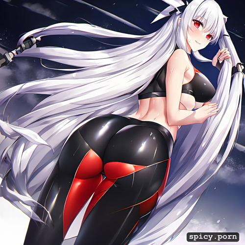 white hair colour, smiling, azur lane, long layered hair, looking over her back