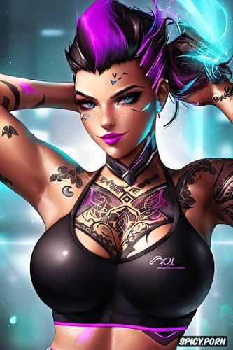 tattoos masterpiece, k shot on canon dslr, ultra detailed, sombra overwatch beautiful face young sexy tight black yoga pants and top