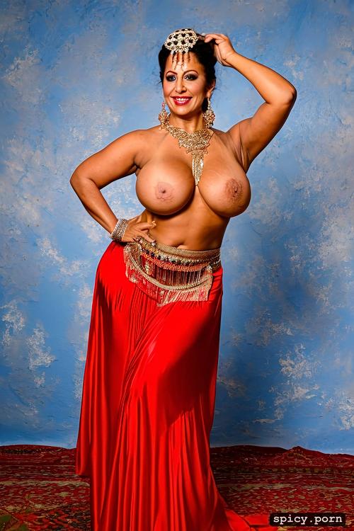 sharp focus, color portrait of a stunning smiling performing tunisian 66 yo anatomically correct curvy and extremely busty bellydancer