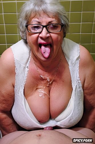 glasses, tremendous cum on tongue, old senior grandmothers, pale wrinkled skin