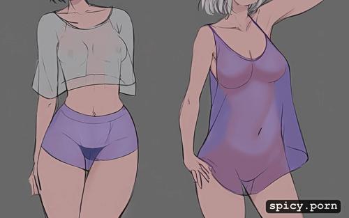 3dt, full body, camisole and short shorts, pastel colors, one pretty naked female